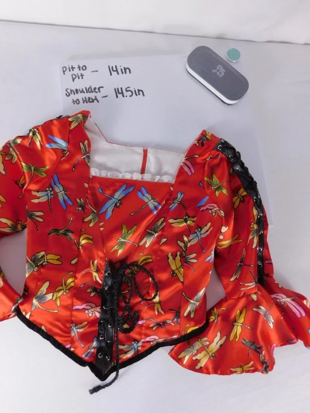 Handmade Blouse Girls 8 Red Dragonfly Print Satin Lace Up Bell Sleeve Cropped